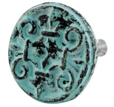 Antique Sage Green Floral Round Iron Cabinet Knob